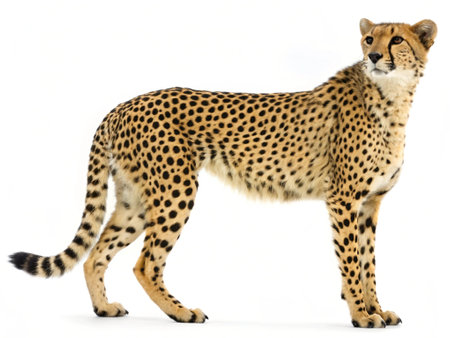 Cheetah (Acinonyx jubatus) in front of a white backgroundの写真素材