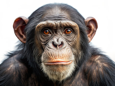 Portrait of a chimpanzee looking at the camera on a white backgroundの写真素材