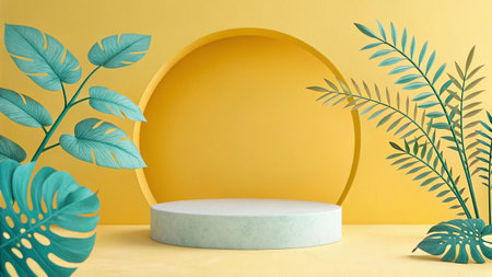 Minimal scene with round podium and tropical leaves. 3d renderの写真素材
