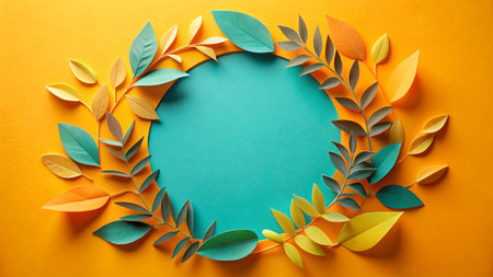 Frame made of paper leaves on color background, top view. Space for text