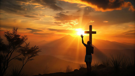 Silhouette of woman praying with cross on top of mountain at sunset