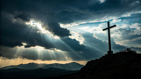 cross on the mountain with rays of light and clouds in the skyの写真素材