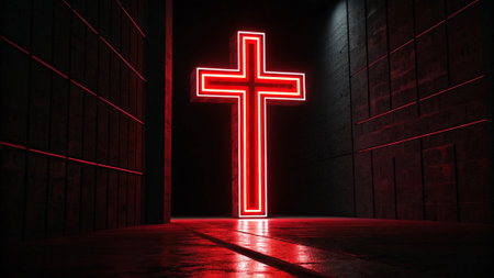 Red glowing cross on dark brick wall background. 3D Renderingの写真素材