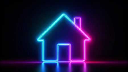 Neon house icon on dark background. 3D rendering. Neon styleの写真素材