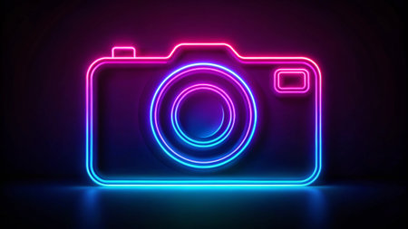 Digital camera neon sign. Glowing neon camera icon. Vector illustration