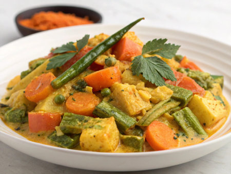 Indian Style Vegetable Curry with Carrot, Green Peas, and Parsleyの写真素材