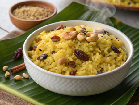 Rice with nuts and raisins in a bowl on the tableの写真素材