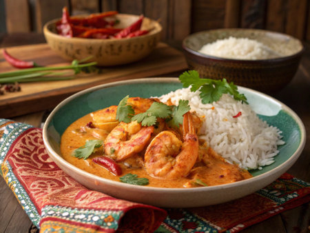 Curry shrimp with rice in a bowl on a wooden background.の写真素材