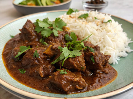 beef goulash with rice and cilantro on a plateの写真素材