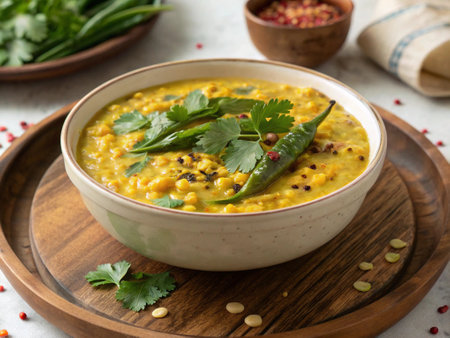 Bowl of green lentil soup with coriander and chili pepperの写真素材