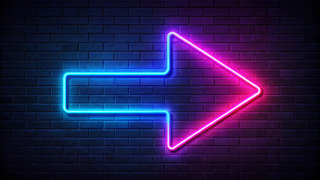 Arrow neon sign. Neon arrow on brick wall background. Vector illustration.の写真素材