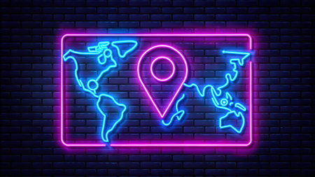 Glowing neon line Map with location marker icon isolated on brick wall background. Vector Illustrationの写真素材
