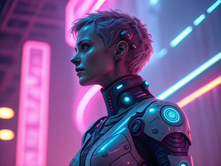 3D rendering of a female robot with pink hair and blue neon lightsの写真素材