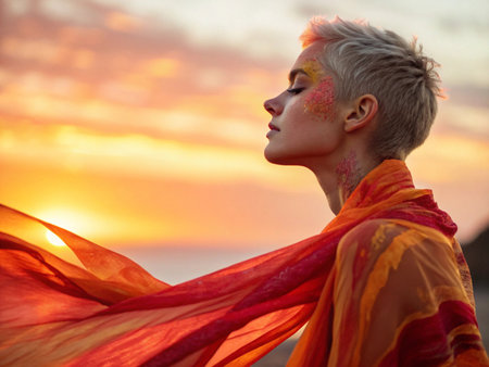 Beautiful young woman in orange scarf on the beach at sunset.の写真素材