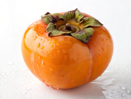 Ripe persimmon with water drops on a white background.の写真素材