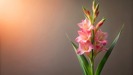 Beautiful pink gladiolus flower on dark background with copy spaceの写真素材