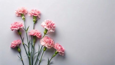 Beautiful pink carnation flowers on grey background, flat lay. Space for textの写真素材