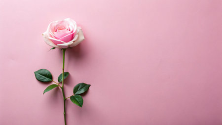 Pink rose on pink background. Flat lay, top view, copy spaceの写真素材