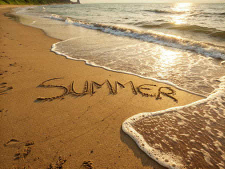 Summer written on the sand of a beach at sunset. Summer conceptの写真素材