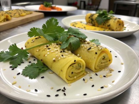 Pancakes stuffed with cheese and sesame seeds on a plate