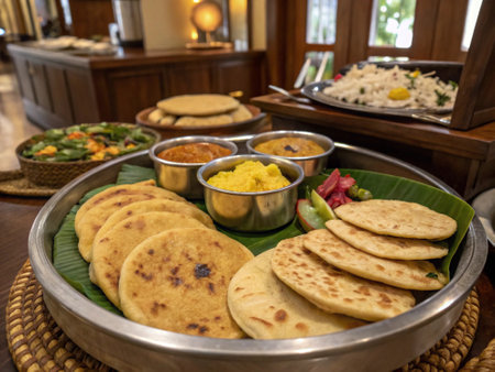 Indian food in a stainless steel bowl with a variety of snacks.の写真素材