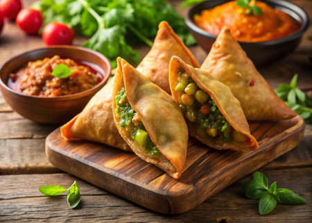Savory samosas with chickpeas, tomatoes and chutneyの写真素材