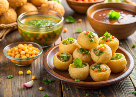 Deep-fried Indian croquettes stuffed with chickpeas and chutney, served with green chutneyの写真素材