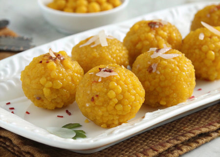 Indian Dessert Chana Dal Laddu made of glutinous rice, coconut milk and spices