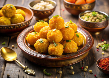 Rava Laddu or Semolina Laddoo Or Rawa Ladu, a popular Indian snack served in a bowl. selective focusの写真素材