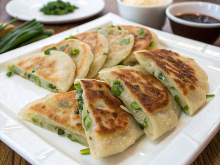 Fried dumplings with green onion and soy sauce on white plateの写真素材