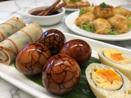 Eggs and dim sum on a plate in a restaurant.