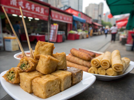 Fried spring rolls on the street in Hong Kong, China.の写真素材