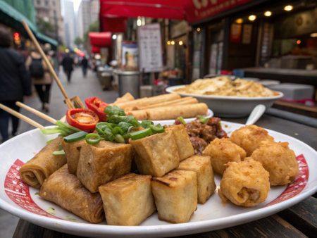 Fried spring rolls on a plate in the street of Beijing, Chinaの写真素材