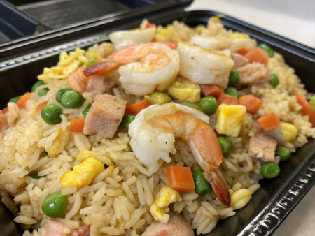 fried rice with shrimps and vegetables in a black box.の写真素材
