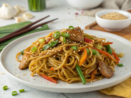 stir-fried noodles with vegetables on a white plate