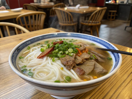 Vietnamese beef noodle soup in a bowl on wooden table
