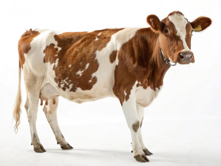 Brown and white cow on a white background. Isolated image.