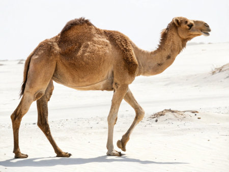 Camel walking on the sand dunes in the Sahara desert, Moroccoの写真素材