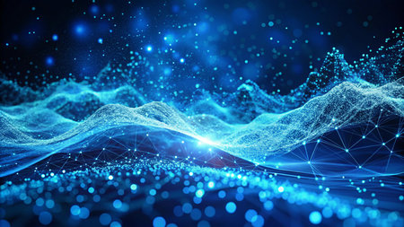 Futuristic technology wave with glowing particles on dark background. 3D rendering