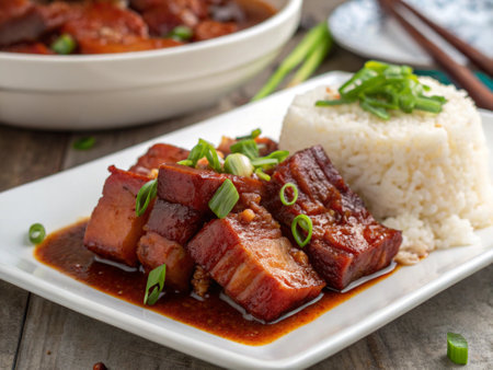 Fried meatballs in sweet and sour sauce served with rice.