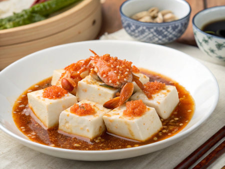 Tofu with spicy sauce in a bowl on a wooden tableの写真素材