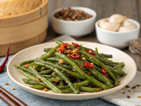 Stir fried green beans with chili and pine nuts on wooden background