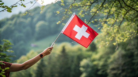 Swiss flag waving in the wind. Woman holding Swiss flag in the forest.の写真素材