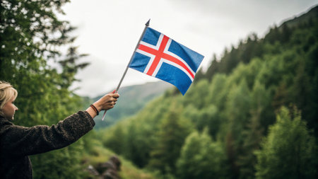 Young woman with Iceland flag in the mountains on a cloudy day.の写真素材