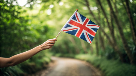 Woman hand holding United Kingdom flag on nature background. National holiday concept.の写真素材