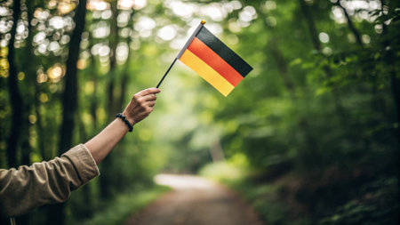 Young man holding Germany flag in the forest. Selective focus.の写真素材