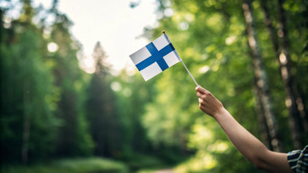 Female hand holding Finland flag in the forest. National holiday concept.の写真素材