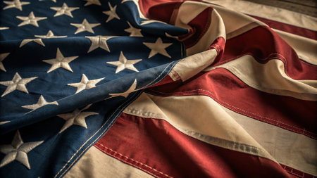 Closeup of American flag on wooden background. Selective focus. Toned.