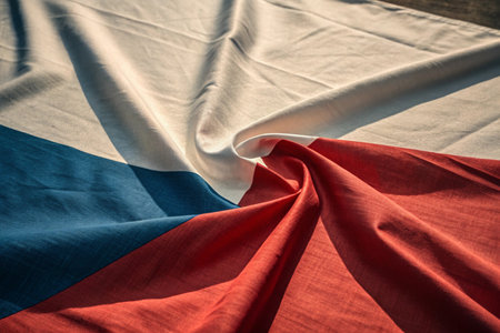 Closeup of crumpled Czech Republic flag on wooden background.