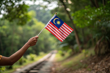 Woman hand holding malaysian flag on the railway in the forestの写真素材